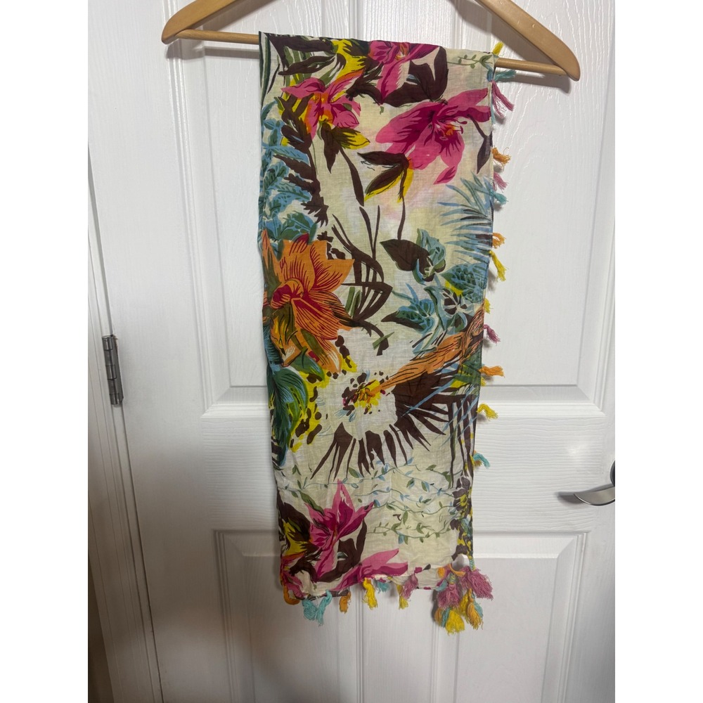 Tropical Floral Bird Print Cotton Scarf with Multi Color Tassels  cotton